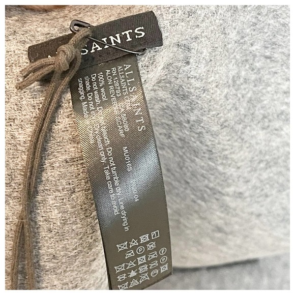 New All Saints Reversible Max Wool Logo Wool Scarf Black Gray Women's OS NWT - Picture 12 of 12
